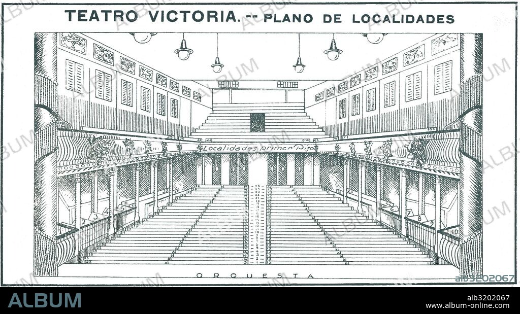 Barcelona. Plano de las localidades del Teatro Victoria, inaugurado en 1916. Dibujo de 1930.