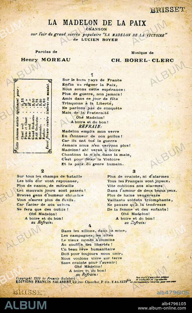 La Madelon de la Paix. Partition de 1919. Musique de Charles BOREL-CLERC, Paroles de Lucien BOYER en hommage aux auteurs de la chanson Quand Madelon. Credit : Collection Jonas/Kharbine-Tapabor.