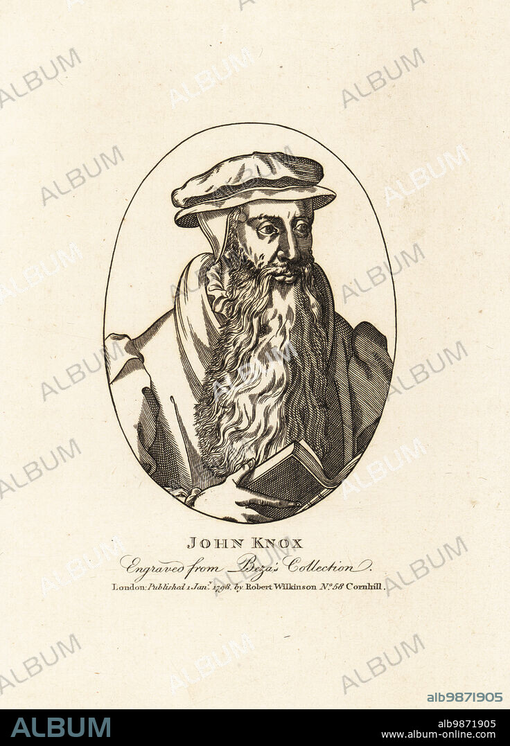John Knox (1505-1572), Scottish priest, leader of the Protestant Reformation in Scotland. With long beard, cap, hood and coat, holding a Bible. Engraved from Theodore Beza's collection. Copperplate engraving from John Smiths Iconographia Scotica, or portraits of illustrious persons of Scotland, Robert Wilkinson, 58 Cornhill, London, 1798.