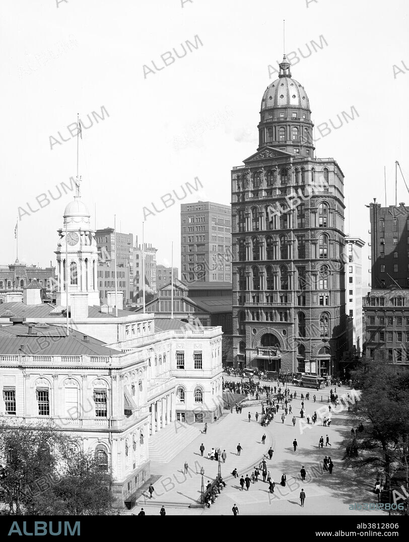 The New York World Building was a skyscraper in New York City designed by early skyscraper specialist George Browne Post. Construction began October 10, 1889, at 53-63 Park Row, on the corner of Park Row and the now-closed Frankfort Street. The building was completed December 10, 1890 and claimed a height of 20 stories, comparable to 16 or 18 stories by current standards. The New York World Building was also known as the Pulitzer Building after the paper's owner, Joseph Pulitzer, who commissioned it. Pulitzer's private office was on the second level of the dome and looked down on other buildings along the street. The World Building was demolished in 1955 for the expanded car ramp entrance to the Brooklyn Bridge. Photographed by the Detroit Publishing Company, 1905.