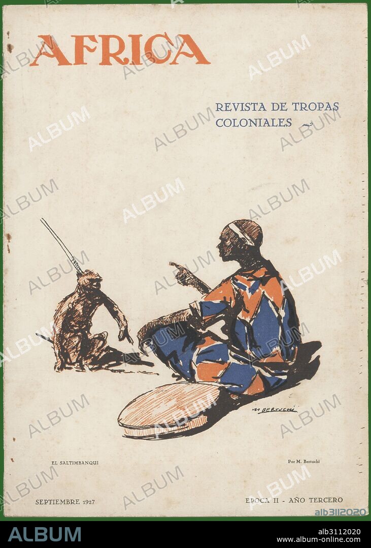 MARIANO BERTUCHI. Portada de la revista de tropas coloniales África, dirigida por Francisco Franco Bahamonde. Saltimbanqui africano. Editada en Ceuta, septiembre de 1927.