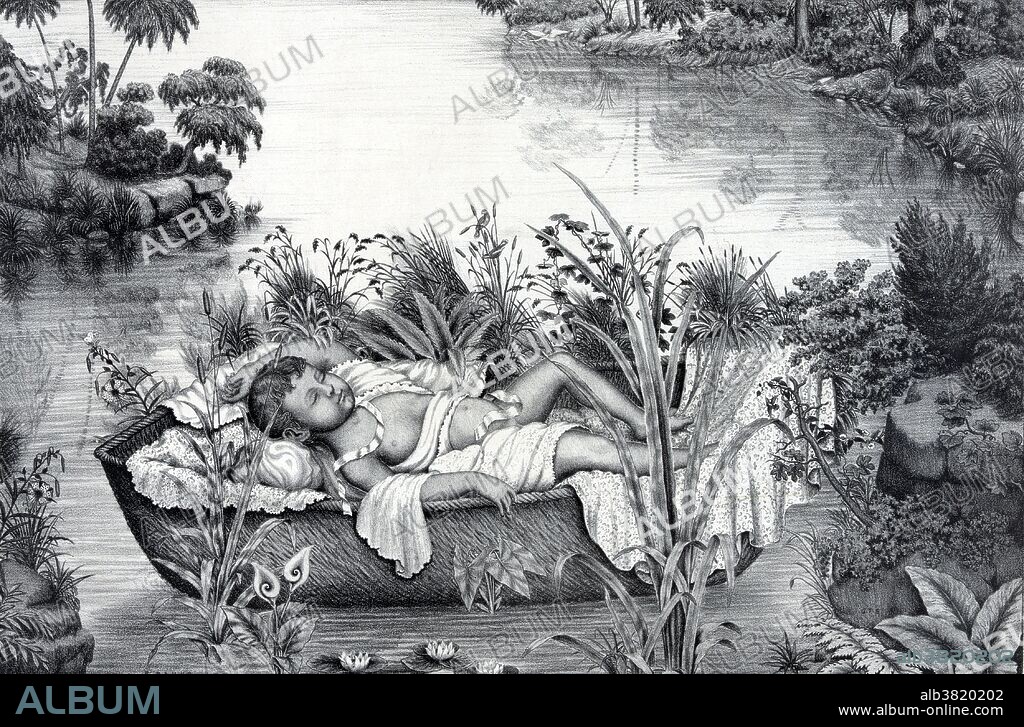 1887 lithograph showing Moses as an infant floating in a basket on a river. Exodus 1, the pharaoh of Egypt, Ramesses II, had decreed that all the Hebrew boy babies were to be drowned at birth. In the 10 verses from Exodus 2, Yocheved, Moses' mother, hides her newborn for 3 months and then places her baby in a caulked wicker basket in the Nile River reeds. The baby's crying alerts one of the pharaoh's daughters, Bithiah, who takes the baby. Moses' sister Miriam watches in hiding, but comes out when it is clear the Bithiah is planning to keep the child. She asks Bithiah if she would like a Hebrew midwife. Thereafter, Jochebed was employed as the child's nurse. Moses grew up and was brought to Pharaoh's daughter and became her son and a younger brother to the future Pharaoh of Egypt. Moses would not be able to become Pharaoh because he was not the blood son of Bithiah, and he was the youngest. Moses was, according to the Hebrew Bible and Qur'an, a religious leader, lawgiver and prophet, to whom the authorship of the Torah is traditionally attributed. He is the most important prophet in Judaism and is also considered an important prophet in Christianity and Islam, as well as a number of other faiths. No artist name given on caption card, only the initials G.T.S.