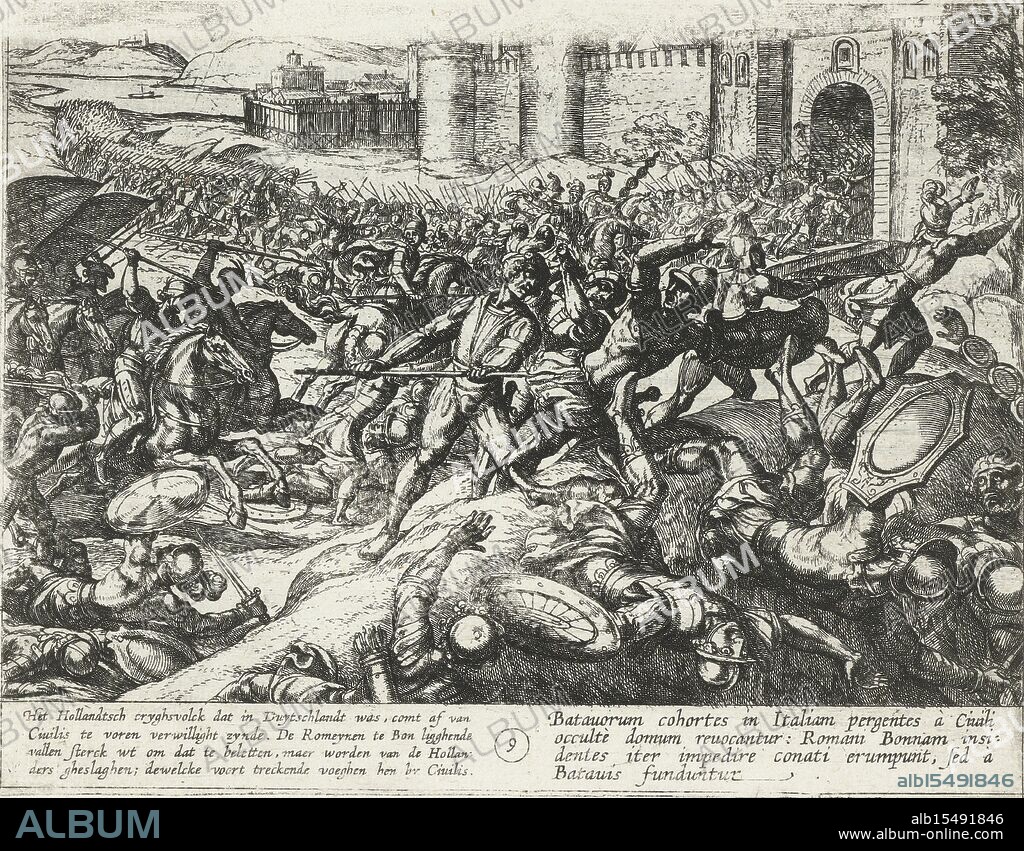 Veen, Otto van, Italy, Tempesta, Antonio, Batavorum cum Romanis Bellum, à Corn. Tacito, De Batavische Oft Oude Hollandtsche Krijghe teghen de Romeynen, The Batavian Revolt, Germans come to help Civilis defeat the Romans at Bonn, 69-70, Germans come to Civilis help defeat the Romans at Bonn 9 in the series of prints about the Batavian Revolt: Batavorum cum Romanis bellum, à Corn. Tacito lib. IV & V. : Hist. olim descriptum, figuris nunc aeneis expressum, author Othone Vaenio Lugdunobatava = The Batavian or old Dutch war against the Romans. Otto Vaenius, Antwerp 1612. At the bottom two verses of four lines in Dutch and Latin. Text in Latin on the back., print, history print, prints, Frederik Muller History plates, height 162 mm, width 210 mm, Italian, 1555 - 1630-08-05, print maker, 1612 - 1612, first quarter 17th century, paper, etching, Work conception, Southern Netherlands, 1556 - 1629-05-06.