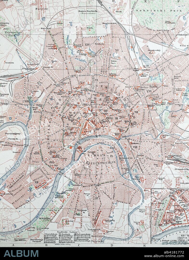 Stadtplan von Moskau, Russland, im Jahre 1890, citymap, Russia, Moscow, digital improved reproduction of an original print from the year 1895.