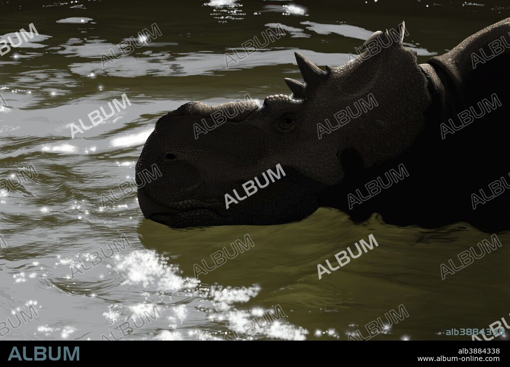 Pachyrhinosaurus dinosaur in a prehistoric lake.