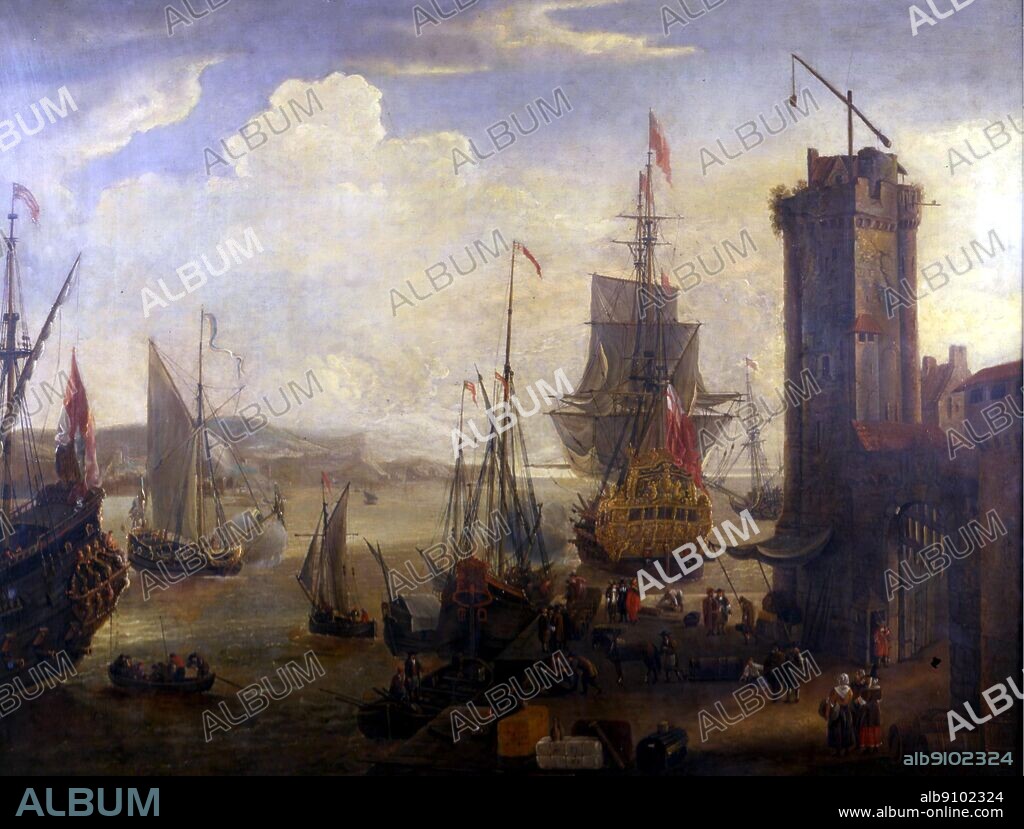 1673 Dock scene at a British Port by Jacob Knyff (1638-1681). National Maritime Museum, Greenwich, London..  English and Dutch ships taking on stores or cargo at a port. Although the port is probably imaginary, it is a sophisticated painting with accurate ships depicted.