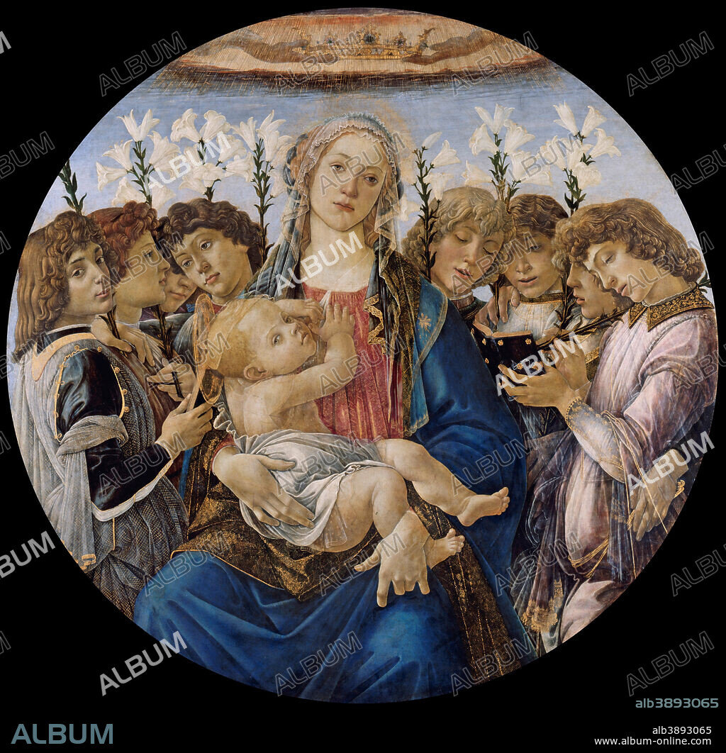 SANDRO BOTTICELLI. Madonna col bambino e cantando angeli / Mary with the Child and singing Angels. Date/Period: Ca. 1477. Painting. Oil on poplar wood. Diameter: 135 cm (53.1 in).
