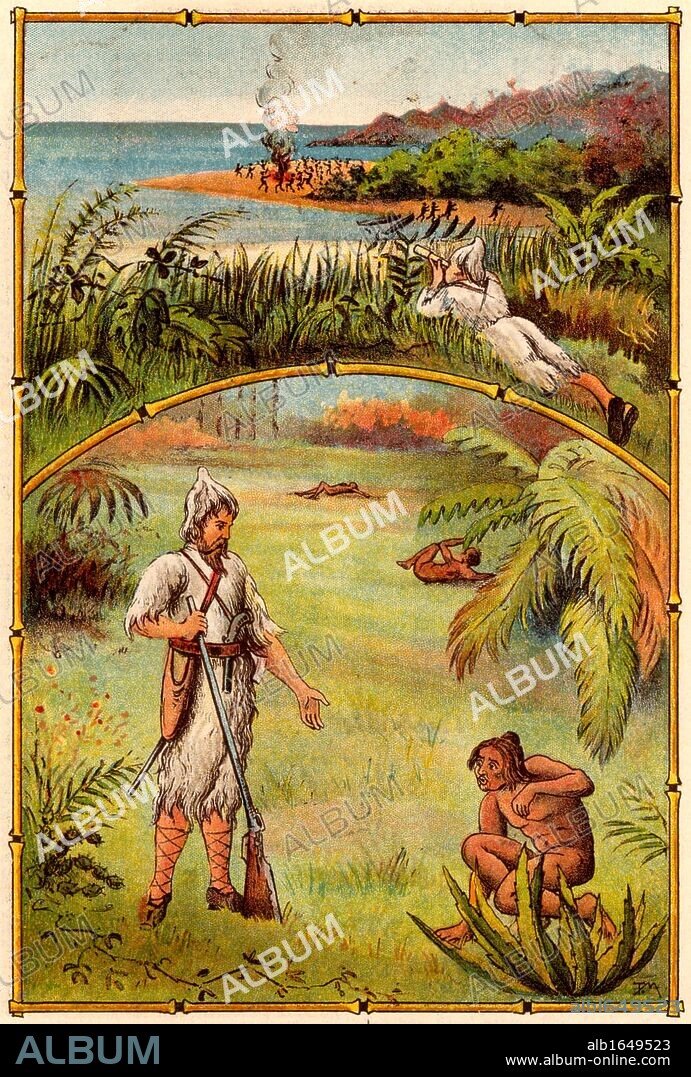 The Life and Strange Surprising Adventures of Robinson Crusoe by Daniel Defoe.  First published in 1719, it is claimed to be the first English novel. Defoe, having spent 15 years alone on his island, rescues Friday from the cannibals who have visited the island.   From "Bubbles" c1900 published by Dr Barnados Homes for Children. Oleograph.  (Photo by: Universal History Archive/UIG via Getty Images).