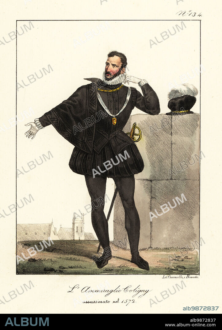 Gaspard II de Coligny, 1519-1572, Seigneur de Châtillon, French nobleman and Admiral of France. Huguenot leader assassinated during the St. Bartholomew's Day massacre. L'Amiral Coligny, assassin en 1572. Handcoloured lithograph by Lorenzo Bianchi and Domenico Cuciniello after Hippolyte Lecomte from Costumi civili e militari della monarchia francese dal 1200 al 1820, Naples, 1825. Italian edition of Lecomtes Civilian and military costumes of the French monarchy from 1200 to 1820.