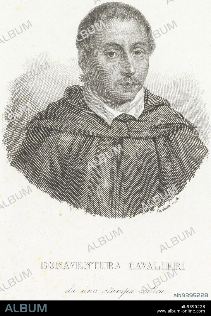 Portrait of scientist Bonaventura Cavalieri, print maker: Giuseppe Fusinati, (mentioned on object), Italy, 1813 - 1883, paper, engraving, h 265 mm - w 164 mm.