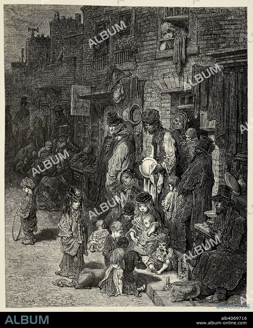 G DORE and WILLIAM BLANCHARD JERROLD. People standing and sitting outside their houses, in a street. London : a pilgrimage. 1872. Dickensian / Victorian London. Source: WF1/1856 after 124.