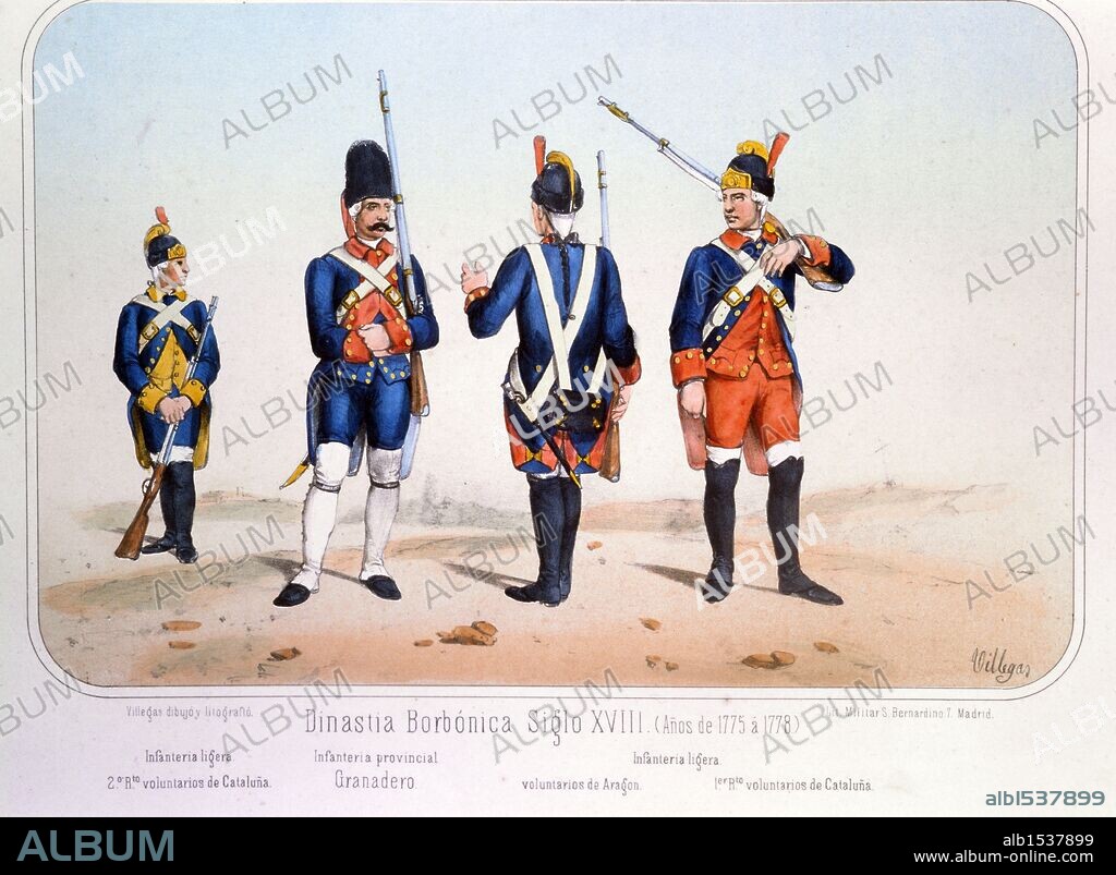 Reinado de Carlos III (1759 a 1788). Granadero e Infantería ligera de varios Regimientos en los años 1775 a 1778. Dibujo de Villegas. Lámina número 56 del ALBUM DE LA INFANTERIA ESPAÑOLA del Teniente General Conde de Clonard. Litografía Militar, Madrid, año 1861.