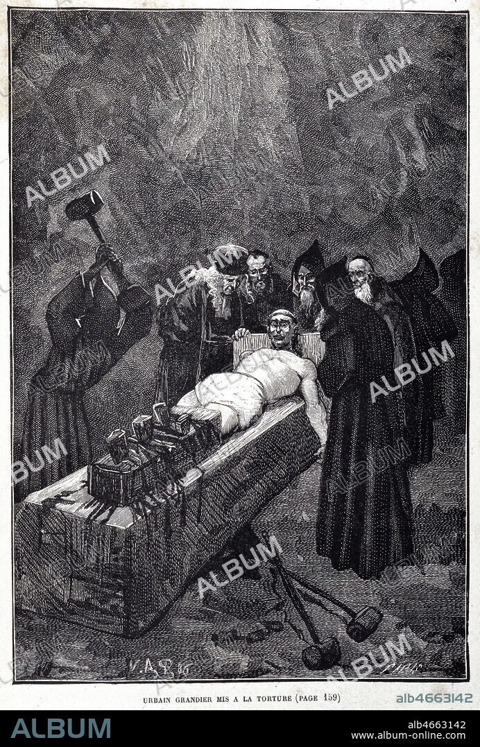 'L'affaire des possedees de Loudun, Urbain GRANDIER (1590-1634) mis e la torture' Gravure pour 'Les Mysteres de la Science' p.153 par Louis FIGUIER (1819-1894), Librairie illustree, vers 1885 (XIXeme s., 19eme s., 19e s.) Credit Collection KHARBINE-TAPABOR.