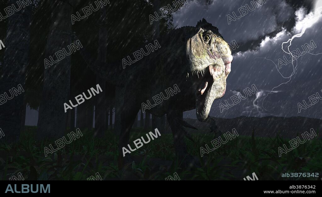 Acrocanthosaurus in North America in the early Cretaceous on a stormy night.