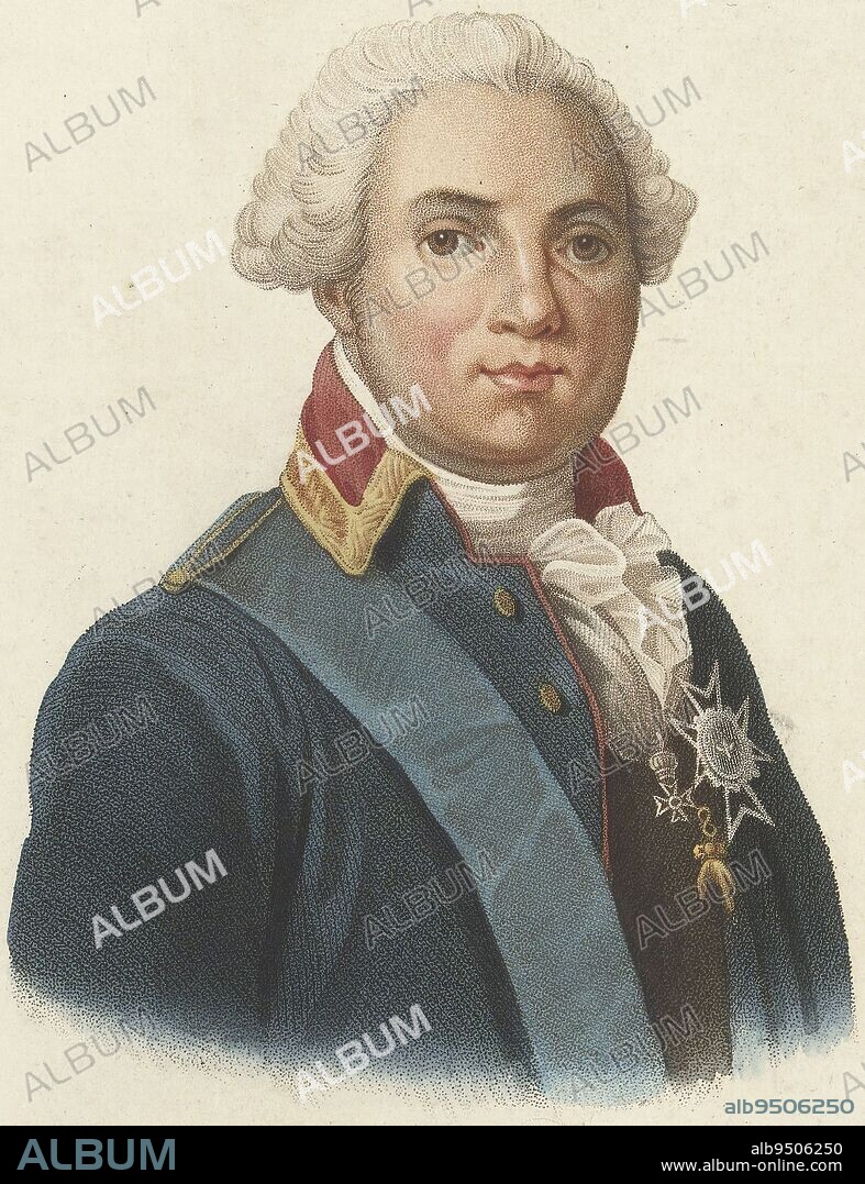 Portrait of Louis XVIII, King of France, Jan Willem Caspari, after Horace Vernet, 1814 - 1822, Portrait of Louis XVIII of France. Bust to the right. The French king wears the chain of the Golden Fleece and the order star of the Holy Spirit. Below the portrait a Dutch caption with name of person portrayed., print maker: Jan Willem Caspari, (mentioned on object), after: Horace Vernet, (mentioned on object), publisher: Evert Maaskamp, (mentioned on object), print maker: Amsterdam, after: Paris, publisher: Amsterdam, 1814 - 1822, paper, etching, h 286 mm - w 228 mm.