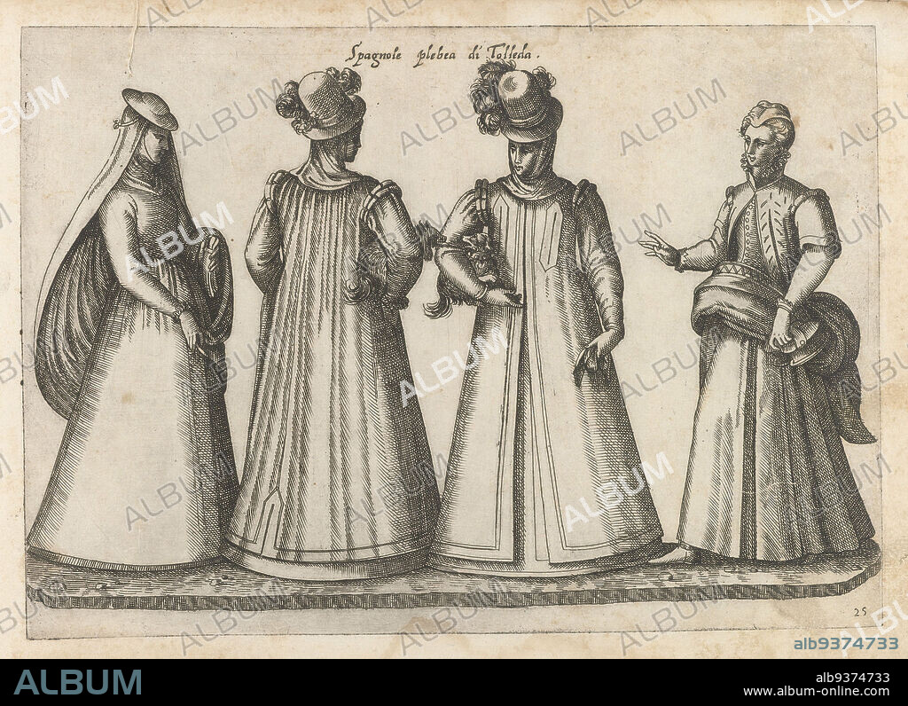 Four women dressed according to the Spanish fashion in Toledo, ca. 1580, Spagnole plebea di Tolleda (title on object), The two middle women each have a dog under the arm. Print no. 25 from album 'Dei veri ritratti degl'habiti di tvtte le parti del mondo intagliati in rame per opra di Bartolomeo Grassi', 1585., publisher: Bartolomeo Grassi, in or before 1585, paper, engraving, height 193 mm × width 274 mm.