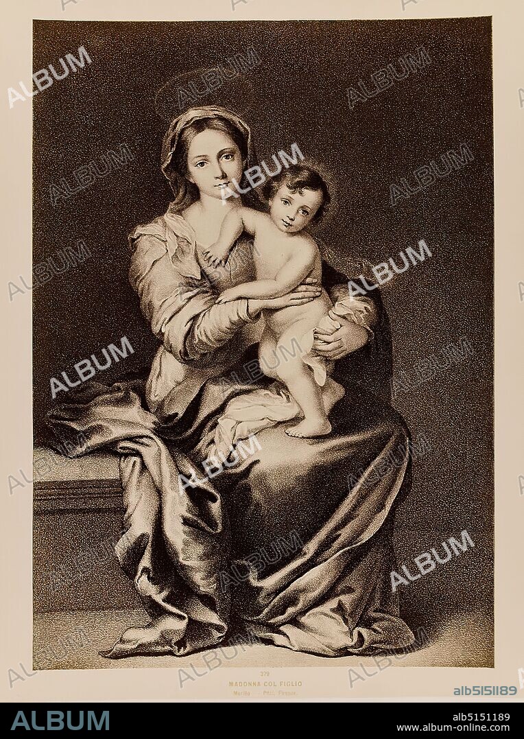 Giacomo Brogi, Edizioni Brogi, Madonna col Figlio, Murillo - Pitti, Firenze, albumin paper, black and white positive process, sheet size: height: 25.50 cm; width: 19.00 cm, inscribed: recto below: no. 379, title, stamp engraving: on the cardboard: Giacomo Brogi, Fotografo - Editore, Firenze, 15, Lung'Arno delle Grazie, 1st Via Tornabuoni, painting.