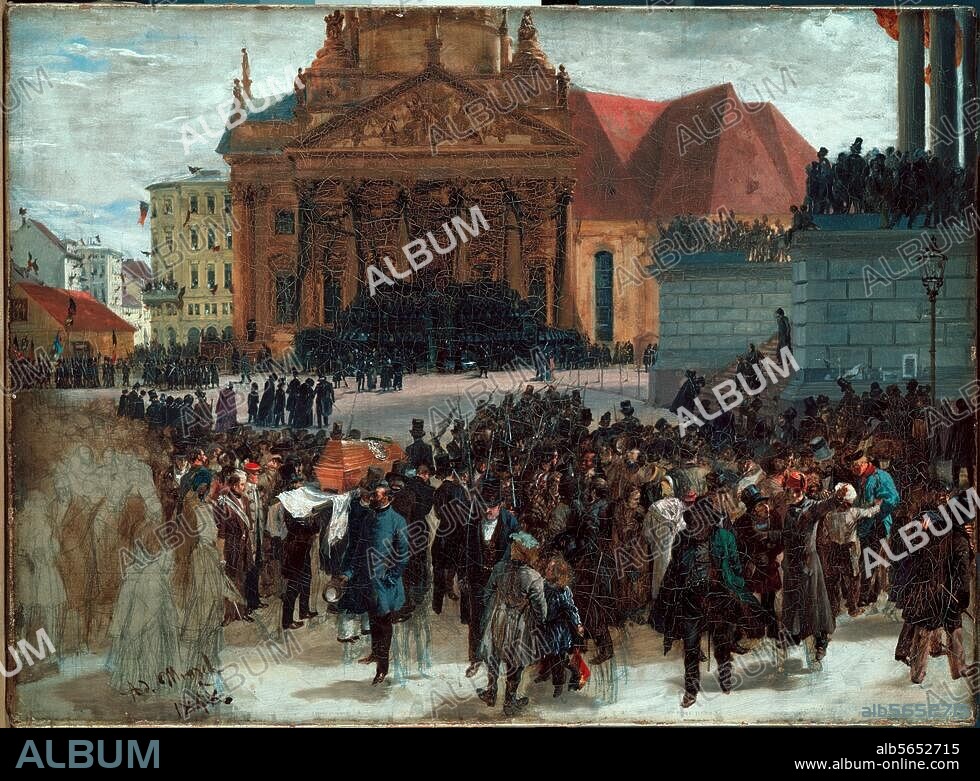ADOLPH VON MENZEL. Revolution 1848/49. Berlin, 22. März 1848: Bestattung der Märzgefallenen im Friedrichshain. "Aufbahrung der Märzgefallenen". (Trauerfeier auf dem Gendarmenmarkt). Gemälde, 1848, von Adolph Menzel (1815-1905). Öl auf Leinwand, 45 × 63 cm. Hamburg, Kunsthalle.