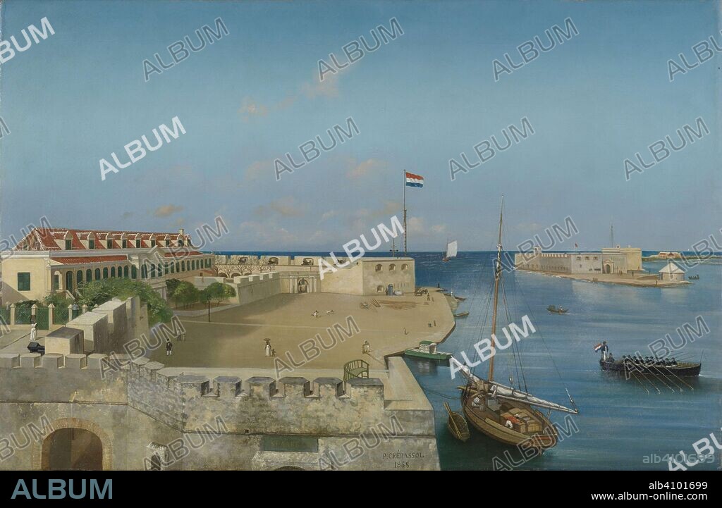 PROSPER CRÉBASSOL. The harbor entrance of Willemstad with the Government Palace. Dating: 1858. Place: Willemstad (Curaçao). Measurements: h 74.4 cm × w 114.9 cm × t 2.8 cm; d 8 cm.