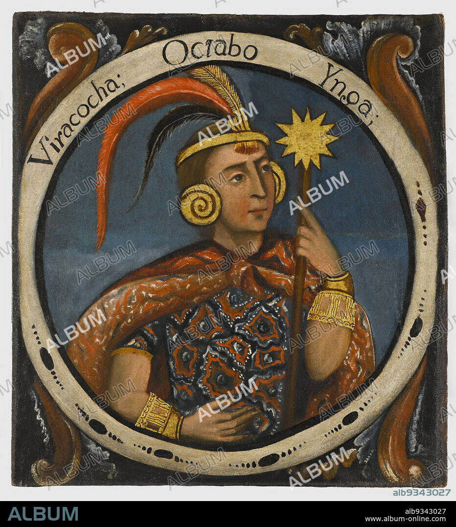 Viracocha, Eighth Inca, 1 of 14 Portraits of Inca Kings, Peruvian, Oil on canvas, Peru, mid-18th century, probably, Colonial Period, 23 3/8 x 21 9/16in., 59.4 x 54.8cm, armbands, Conquest, earspools, feather, headdress, hispanic heritage, historical, Inca, Inca kings, king, latin american art, leader, monarchy, ndsp, oil on canvas, painting, Peru, peruvian, power, powerful, pre-colonial, royalty, ruler, society, spanish american art, spanish colonial, staff, star.