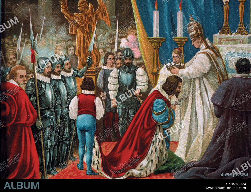 Drawing of the coronation as emperor by Pope Clemente VII in 1529. Charles V (1500-1558) King of Spain and Emperor of Germany.