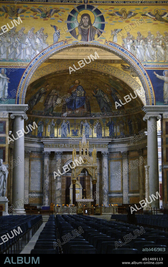 Italy. Rome. Basilica of Saint Paul Outside the Walls. Apse mosaic (1200) by Venetian artists. Christ in flanked by the Apostles Peter, Paul, Andrew and Luke and Arnolfo di Cambio's Tabernacle, 1285.