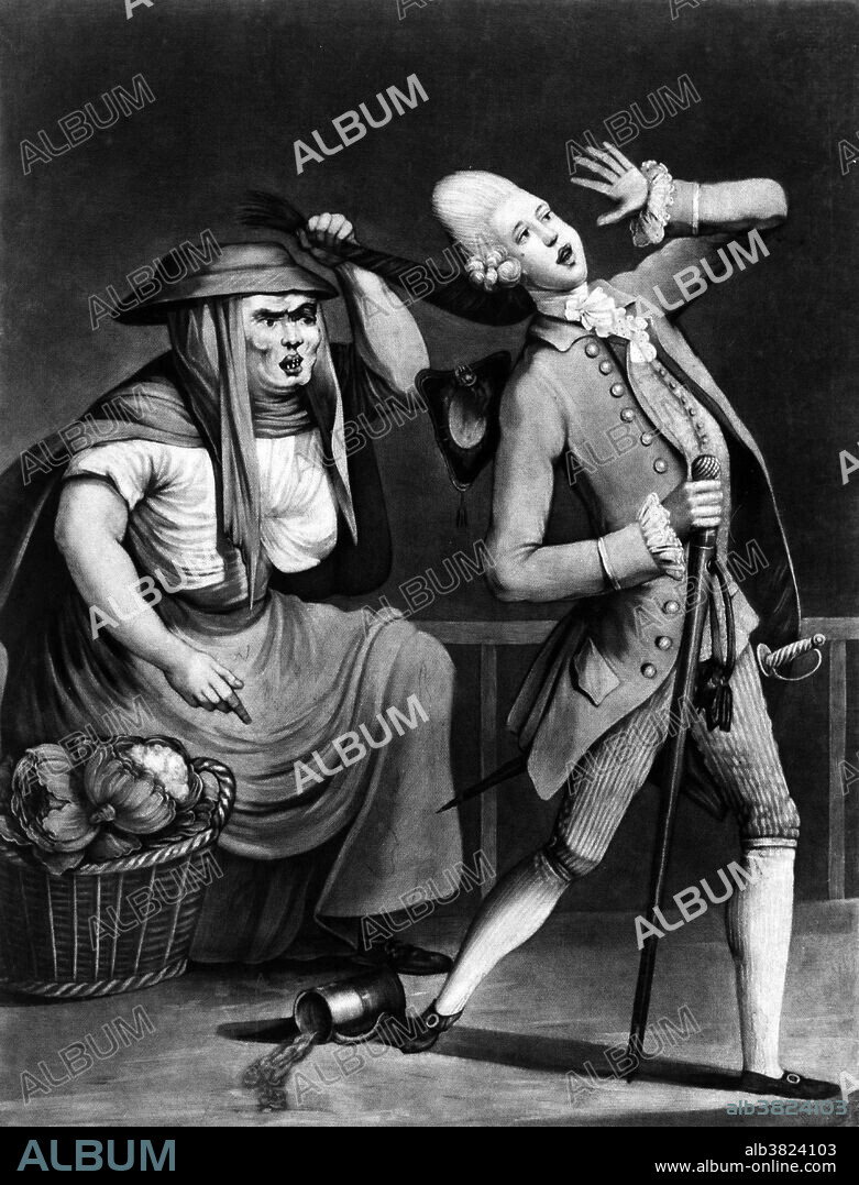 Entitled: "Irish peg in a rage. Make good the damage you dog, or I'll cut away your parsnip." Shows a macaroni walking past a burly and irate old Irish vegetable seller, upsets her mug of beer on the pavement. On this she seized him by the monstrous tail attached to his wig, and threatens to cut it off. Macaroni (or maccaroni), from the Italian word, maccherone, which literally means a boorish fool, described the height, and often the extremes, of male fashion in the mid 1700's. Brought from the continent by young men on their Grand Tour, macaroni dress took the standard male wardrobe to absurd lengths. Coats were tight. Huge buttons decorated short waistcoats. Narrow, dainty shoes sported buckles almost larger than they were. And copious amounts of lace, ribbon, ruffles and whatever other outrageous decoration took the wearer's fancy trimmed the outfits, with everything in gaudy colors and showy fabrics like silks and satins. The most obvious feature of macaroni fashion was the wig. They were excessively elaborate and tall, and often crowned with a tiny hat that could be removed only with the point of a sword. Published by Carington Bowles, May 29, 1773.
