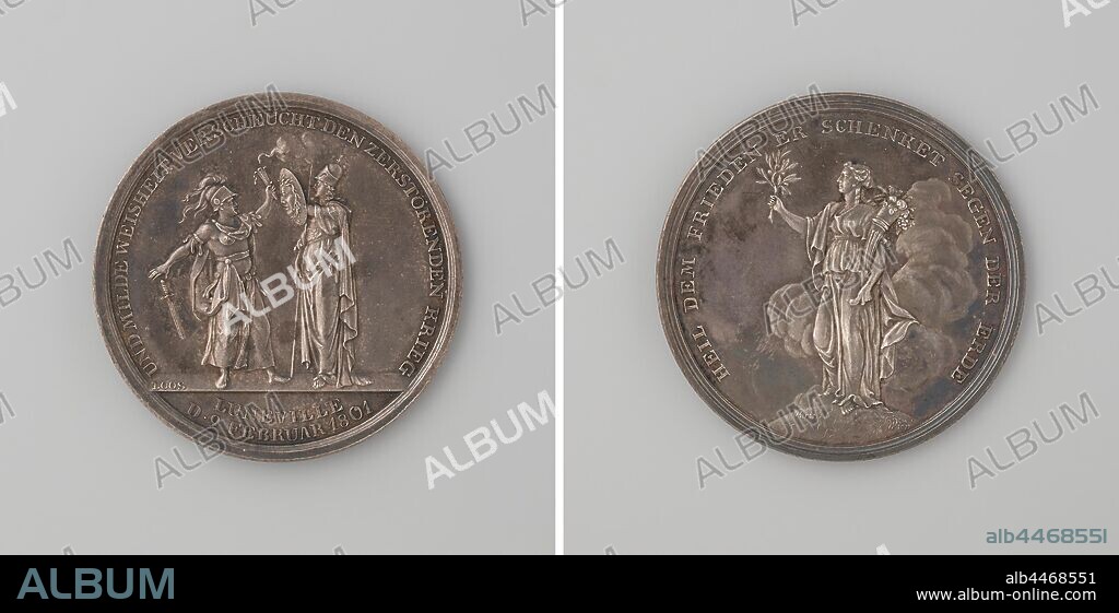 Peace of Amiens, Silver Medal. Obverse: winged angel with laurel wreath, puts hand on shoulder of Justice and with palm branch pushes the unevenly hanging scales, which she holds out to him in balance within the wrap, cut off: inscription. Reverse: god Oceanos with bundle of reeds and filled horn of abundance in his hands sits on the sea within an inscription, cut off: dating, Amiens, Abraham Abrahamson, Berlin, 1802, silver (metal), striking (metalworking), d 3.4 cm × w 13.58 gr.