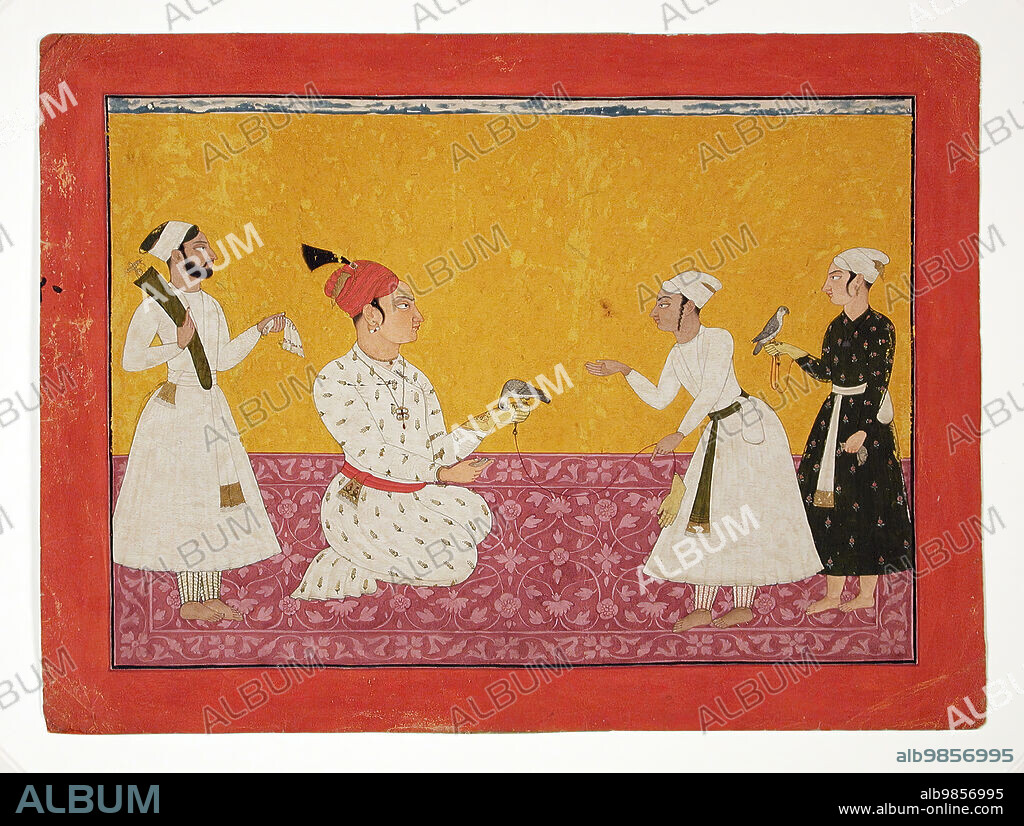 Raja Medini Pal (Reigned 1722-1736) of Basohli Being Presented with a Falcon, c1725.