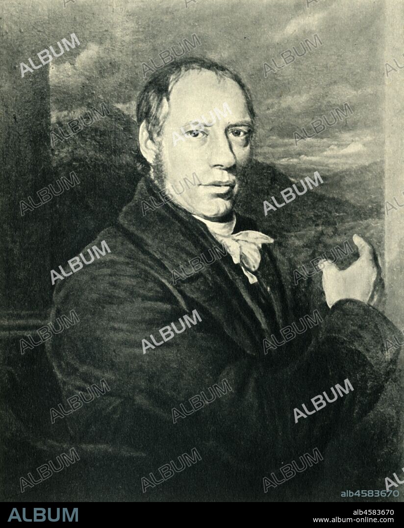 Richard Trevithick, c1816, (1945). Portrait of English engineer and inventor Richard Trevithick (1771-1833) who designed the first locomotive to run on rails, as well as steam road carriages and stationary steam engines. After a painting of 1816. From "British Railways", by Arthur Elton. [Collins, London, 1945].