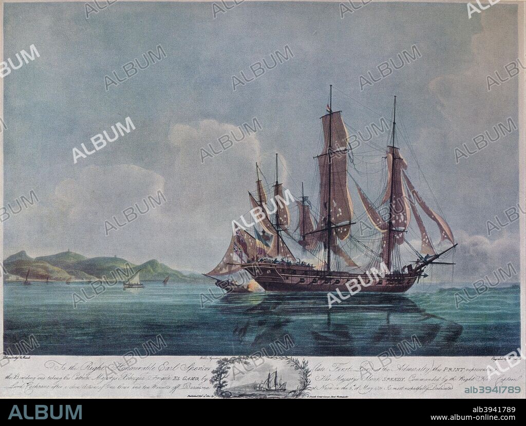 'The Speedy and El Gamo', c1802. Commanded by Lord Cochrane (1775-1860), the British brig HMS 'Speedy' captured the much larger Spanish frigate 'Gamo' off Barcelona on 6 May 1801. From Old Naval Prints, by Charles N. Robinson & Geoffrey Holme. [The Studio Limited, London, 1924].