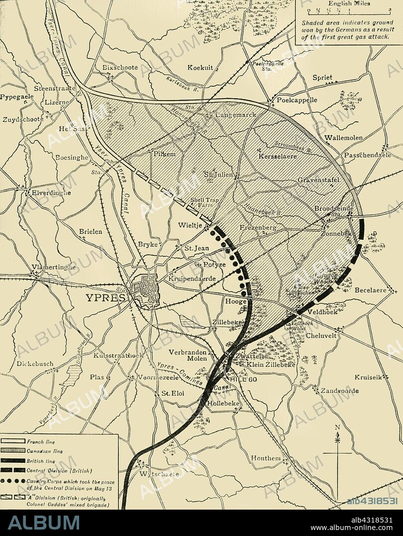 'The Ypres Salient before and after the Second Battle of Ypres, April 22-May 13', First World War, 1915, (c1920). Map showing positions of the allied forces around Ypres in Belgium: French, Canadian and British, the 'Cavalry Corps which took the place of the Central Division on May13', and '"A Division (British; originally Colonel Geddes' mixed brigade)'. The shaded area indicates 'ground won by the Germans as a result of the first great gas attack.' From "The Great World War - A History" Volume III, edited by Frank A Mumby. [The Gresham Publishing Company Ltd, London, c1920].