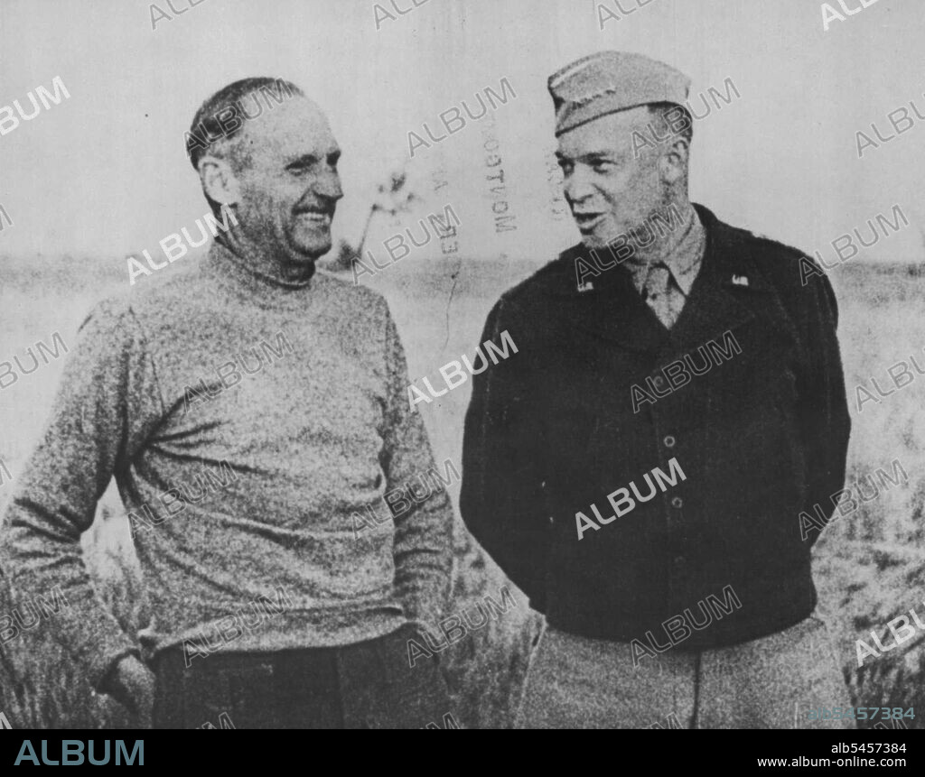 Eisenhower Meets Montgomery -- Here is the meeting of Gen. Dwight D. Eisenhower (right), Allied Commander of North Africa Forces, with Gen. Sir Bernard L. Montgomery, British eighth army commander, as pictured by an official British Newsreel, after Eisenhower flew to Montgomery's headquarters prior to the breakthrough of British forces of the Axisheld Mareth Line. Following this action the British Eight Army joined together with U.S. Troops. June 5, 1943. (Photo by Associated Press Photo).