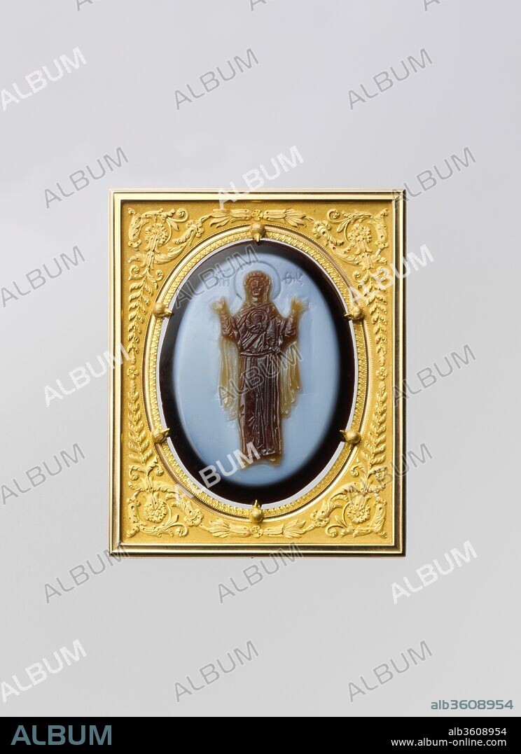 Cameo of the Virgin and Child. Artist: Adrien Jean Maximilien Vachette (French, Cauffry 1753-1839 Paris) [Gold Frame]. Culture: Byzantine. Dimensions: Overall: 3 1/16 x 2 1/8 x 1/4 in. (7.7 x 5.4 x 0.7 cm)
w/out frame: 2 3/8 x 1 9/16 in. (6 x 4 cm). Date: ca. 1050-1100 (cameo); ca. 1800 (frame).
This delicately carved cameo shows the Virgin in an orant pose, with her arms upraised, and a medallion of the Christ Child over her chest. This icon type is often called the Blachernitissa after a famous icon at the Blachernai Monastery in Constantinople.