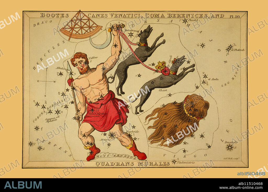 ASPIN JEHOSAPHAT. Astronomical chart showing Bootes the Ploughman holding a spear, a sickle, and two dogs, Asterion and Chara, on leash, also showing a quadrant, and the hair of Berenice forming the constellations.