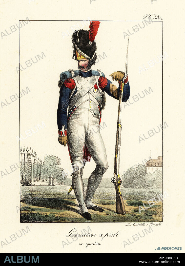 Uniform of a soldier in Napoleon's elite line infantry, the Grenadiers. In bearskin with brush, backpack, blue coat with white lapels, breeches, gaiters, armed with musket and sword. Grenadier a pied, ex-Garde. Handcoloured lithograph by Lorenzo Bianchi and Domenico Cuciniello after Hippolyte Lecomte from Costumi civili e militari della monarchia francese dal 1200 al 1820, Naples, 1825. Italian edition of Lecomtes Civilian and military costumes of the French monarchy from 1200 to 1820.