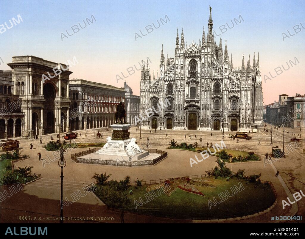 Piazza del Duomo (Cathedral Square) is the main piazza (city square) of Milan, Italy. It is named after, and dominated by, the Milan Cathedral (the Duomo). The piazza marks the center of the city, both in a geographic sense and because of its importance from an artistic, cultural, and social point of view. Rectangular in shape, with an overall area of about 183,000 square feet, the piazza includes some of the most important buildings of Milan (and Italy in general), as well some of the most prestigious commercial activities, and it is by far the foremost tourist attraction of the city. The piazza was originally created in the 14th century and has been gradually developing ever since (along with the Duomo, that took about six centuries to complete), its overall plan, in its current form, is largely due to architect Giuseppe Mengoni, and dates back to the second half of the 19th century. The monumental buildings that mark its sides, with the main exception of the Duomo itself and the Royal Palace, were introduced by Mengoni's design; the most notable of Mengoni's addition to the piazza is the Galleria Vittorio Emanuele II arcade. Detroit Publishing Company circa 1890-1900.