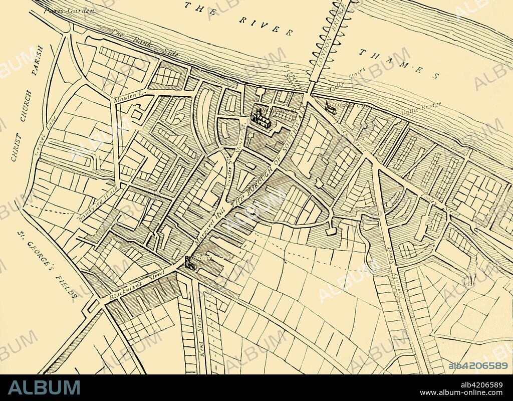 'Map of Southwark, 1720', (c1878). Map showing the village of Southwark on the south bank of the River Thames, in what is now part of greater London. Places shown include the Bank Side, London Bridge, Southwark Cathedral, St George's Fields and Bermondsey Street. From Old and New London: A Narrative of Its History, Its People, And Its Places. The Southern Suburbs, Volume VI, by Edward Walford. [Cassell, Petter, Galpin & Co., London, Paris & New York, c1878].