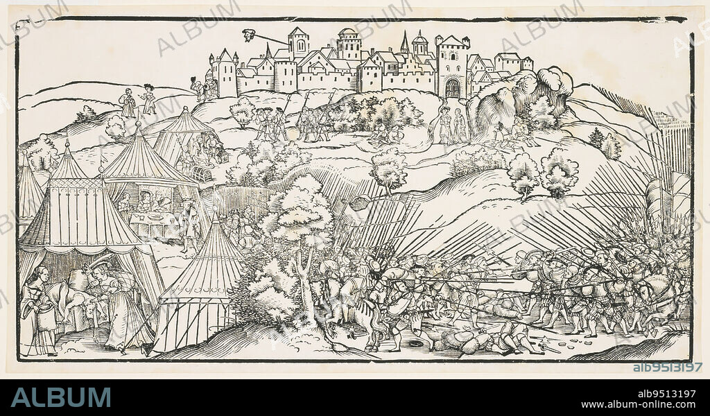 Judith and Holofernes, 1493, Michael Wolgemut, German, 1434/37 - 1519, 7 3/16 x 14 1/8 in. (18.26 x 35.88 cm) (image), Woodcut, Germany, 15th century, Early on, Judith was a hero, the resourceful widow who saved her people by decapitating the Assyrian general Holofernes. In the 12th-century Speculum Virginum she symbolized the triumph of humility over pride; in other handbooks she prefigured the Virgin Mary. Yet in the late 15th century, Judith became a femme fatale.