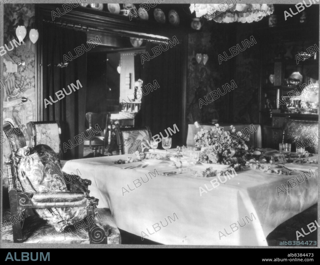 FRANCES BENJAMIN JOHNSTON. Mrs. Phoebe Apperson Hearst's home, Pleasanton, Cal.: dining room with table setting for four, 1920s.