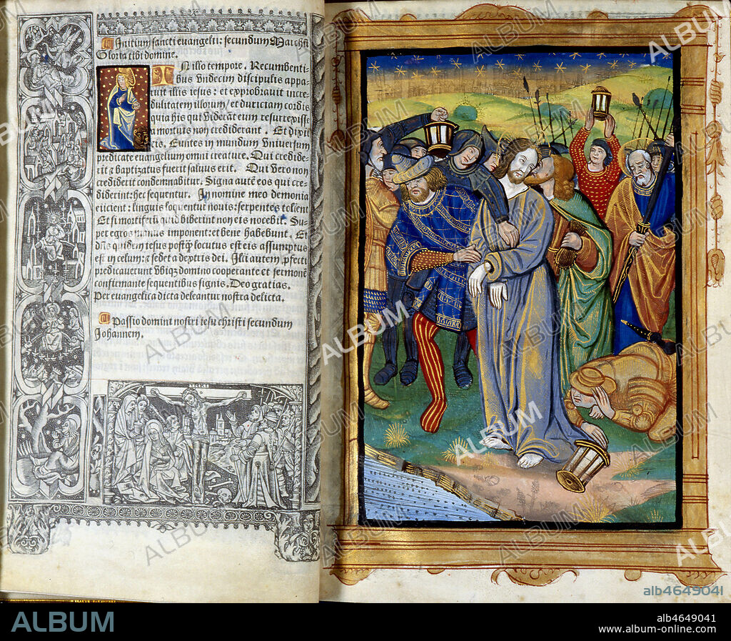 Arrestation de Jesus au mont des oliviers qui recoit le baiser de Judas. A terre se trouve Malchus a qui Pierre vient de trancher l'oreille. Enluminure des Heures a l'usage de Rome par Guillaume Godard vers 1515. Credit: Coll. BHVP-Grob/KHARBINE-TAPABOR.