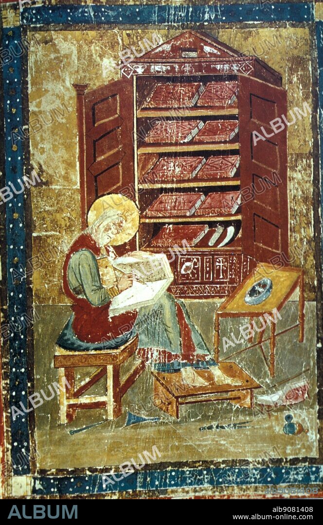 The Scribe Egra Biblam - Florence Scula - Codex Amiatinus Ms 1 f.vr Ezra writing the sacred books from memory in 458 BC, frontispiece, 7th century - in the Biblio teca Medicea-Laurenziana, Florence, Italy.. ©TopFoto.