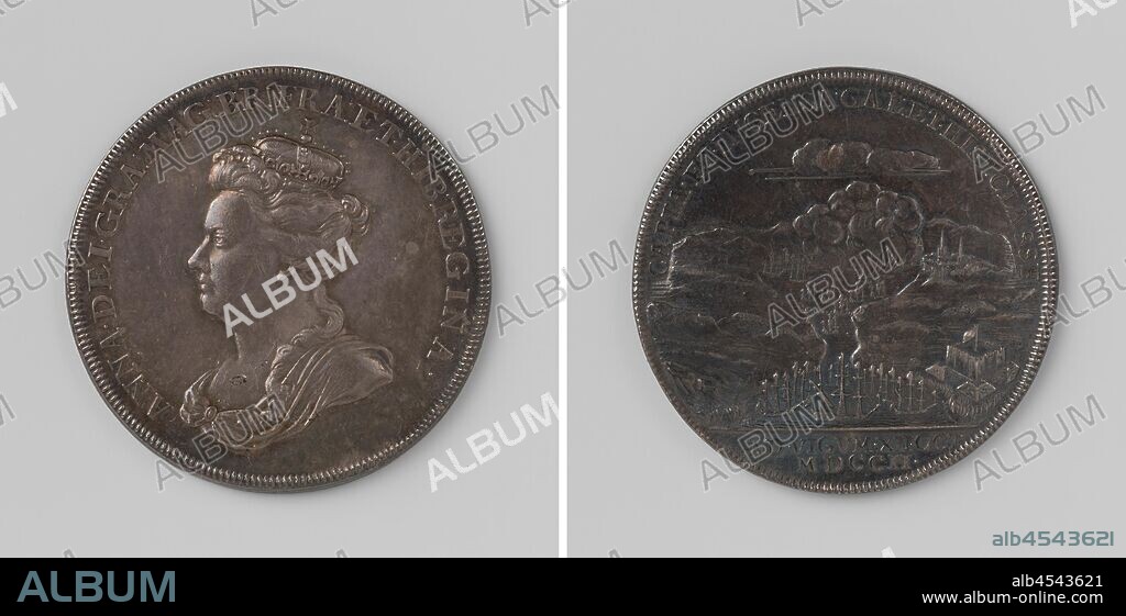 Battle of Vigo (Vigos): the burning of the French and Spanish fleet, Silver Medal. Obverse: bust of woman with crown inside inscription. Reverse: view of Vigo bay with burning ships, Anglo-Dutch fleet lying at the mouth of the bay within the inscription, above the inscription, Vigo, Galicia, Anna Stuart (Queen of England and Scotland), John Croker, London, 1702, silver (metal), striking (metalworking), d 3.7 cm × w 18.12 gr.