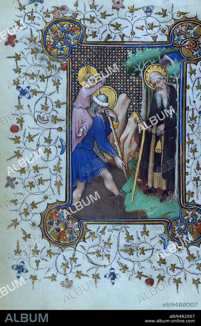 Book of Hours of Daniel Rym, Sts. Christopher and Anthony, This early fifteenth-century Book of Hours was created for a woman's use in Bruges or Ghent. Although her name, as well as subsequent earlier owners are unknown, its first folio bears the later ownership inscription of Pastor Denys, ca. 1700. The early addition of texts and prints, as well as the later removal of some prints and miniatures, reveal it was well used and modified for different tastes over many centuries. The surviving eleven full-page miniatures and historiated initial still retain their rich, vibrant colors, and their contrast with the remaining uncolored print shows the variety of visual elements that could be enjoyed together in a medieval book.