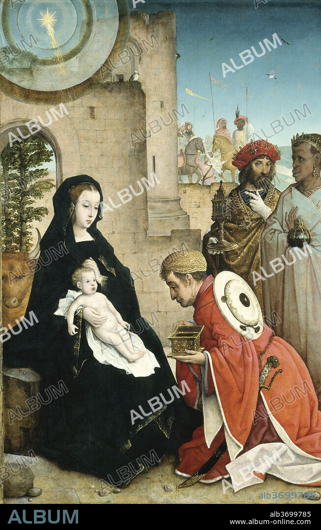 JUAN DE FLANDES. The Adoration of the Magi. Dated: c. 1508/1519. Dimensions: painted surface: 124.7 x 79 cm (49 1/8 x 31 1/8 in.)  overall (panel): 126 x 82 cm (49 5/8 x 32 5/16 in.)  framed: 143.2 x 99.7 x 10.7 cm (56 3/8 x 39 1/4 x 4 3/16 in.). Medium: oil on panel.