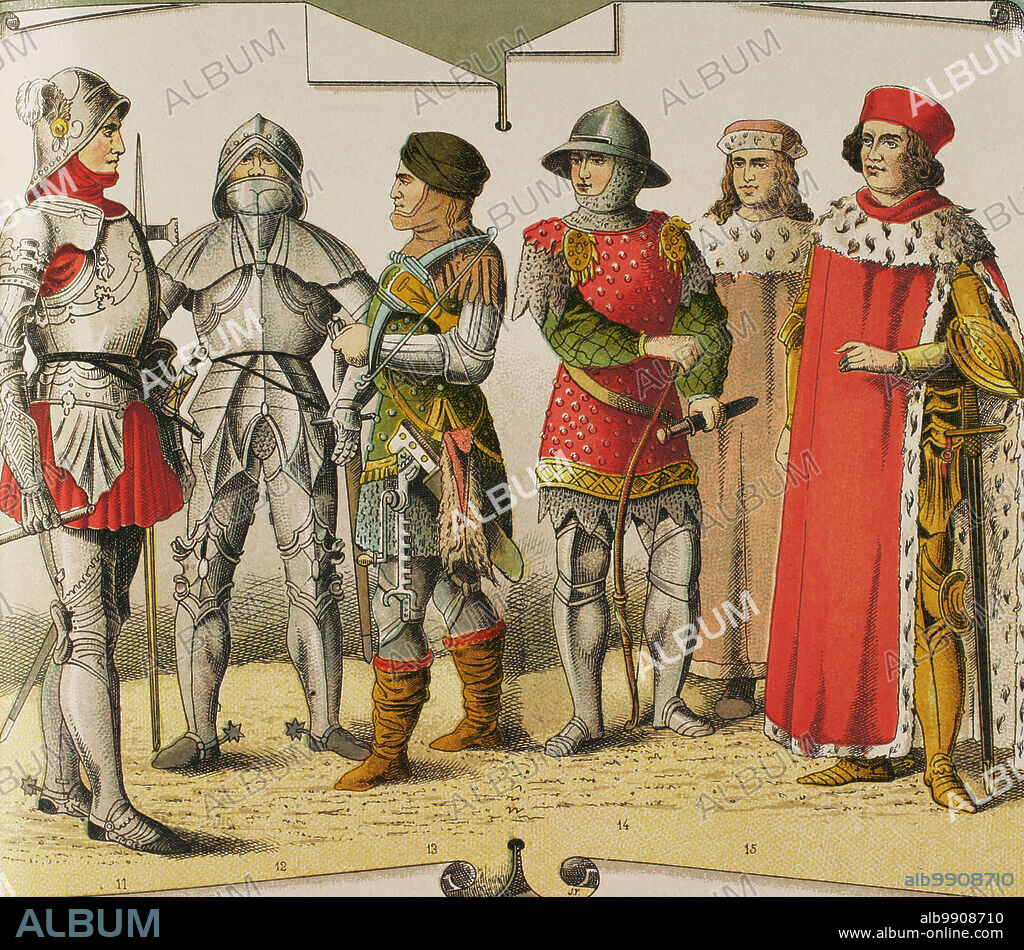 History of Germany. Middle Ages. 1450-1500. From left to right, 11-12: knights, 13: crossbowman, 14: bowman, 15-16: princes. Chromolithography. "Historia Universal", by César Cantú. Volume VIII, 1881.