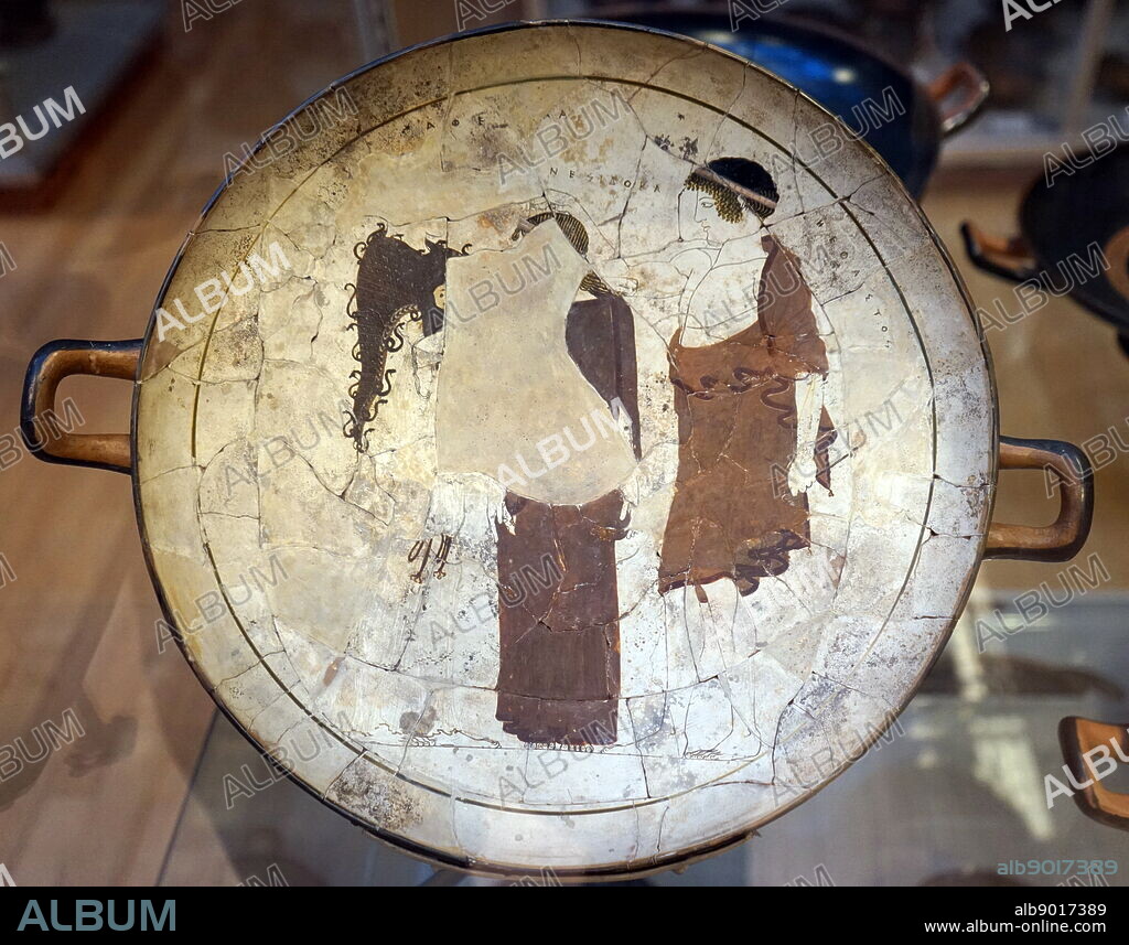 White ground pottery depicting Athena, Pandora and Hephaistos by a Tarquinia Painter. Dated 470 BC.