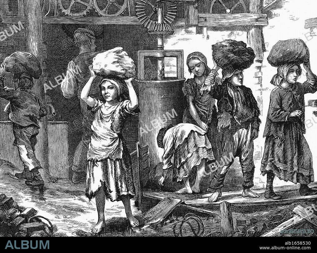 Children carrying loads of clay in the brickyards of the English Midlands. It was estimated that at this time there were between 20,000 and 30,000 children from 5 to 16 at work in British brickyards.  From "The Graphic", London, 27 May, 1871. Wood engraving.