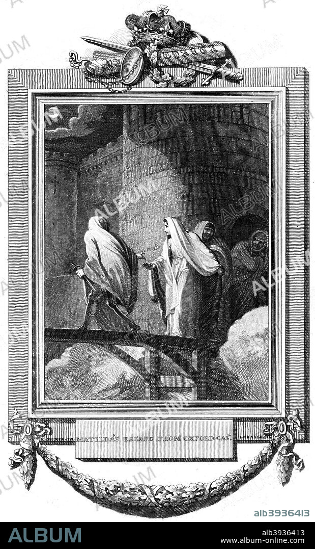 Flight of Matilda from Oxford, 1142 (1789). Stephen (1096-1154), the last Norman King of England, reigned from 1135 to 1154. He supported the claim to the throne of Matilda (1102-1167), the daughter of Henry I, before usurping her when Henry died in 1135 and claiming the throne for himself. England descended into a period of civil war. Stephen was captured after he was defeated by Matilda's army at the Battle of Lincoln in 1141 but was freed in an exchange for the captive Robert, Earl of Gloucester, Matilda's most able lieutenant. Matilda's time on the throne was brief, as a rebellion forced her to flee London. Stephen regained the throne and Matilda was besieged in Oxford, but escaped to Wallingford, camouflaged against the snow by wearing a white cloak. The conflict dragged on until 1148 when Matilda returned to France after the Earl of Gloucester died. Eventually, in 1154, her son was crowned king as Henry II after Stephen died.