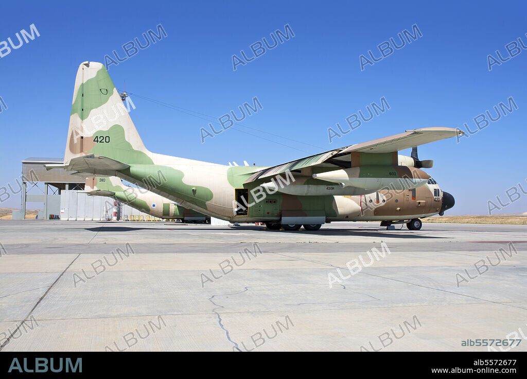 Israeli Air Force C-130 Karnaf on the ramp at Nevatim Air Force Base, Israel.
